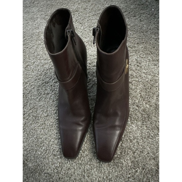 Salvatore Ferragamo Brown Leather Ankle Boots Womens 6.5 C Side Zip Heels Gold - Picture 1 of 8